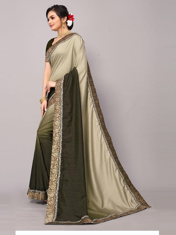 Women's Green Poly Silk Embroidery Border Work Saree With Blouse - Odette