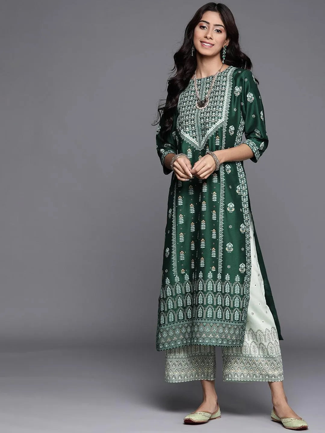 Green Printed Chanderi Silk Kurta - Jashvi