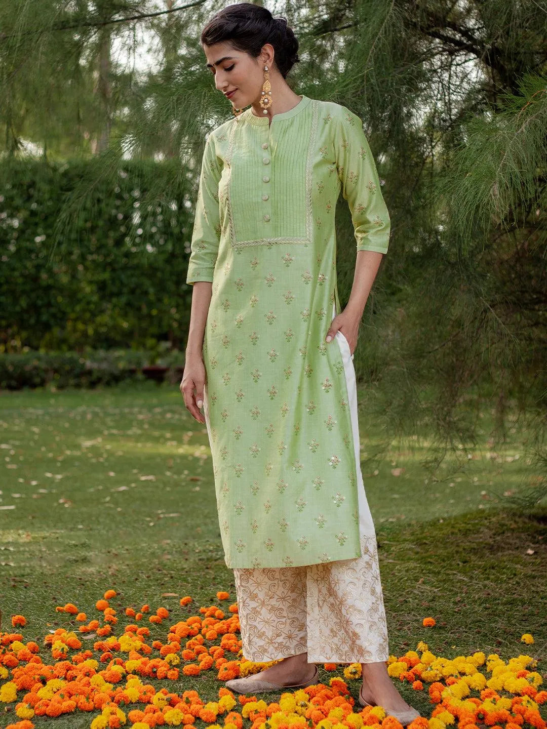 Green Printed Chanderi Silk Kurta - Jashvi