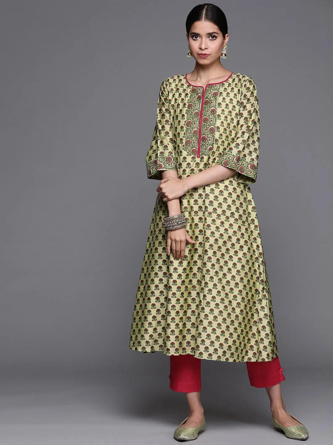 Green Printed Chanderi Silk Kurta - Jashvi