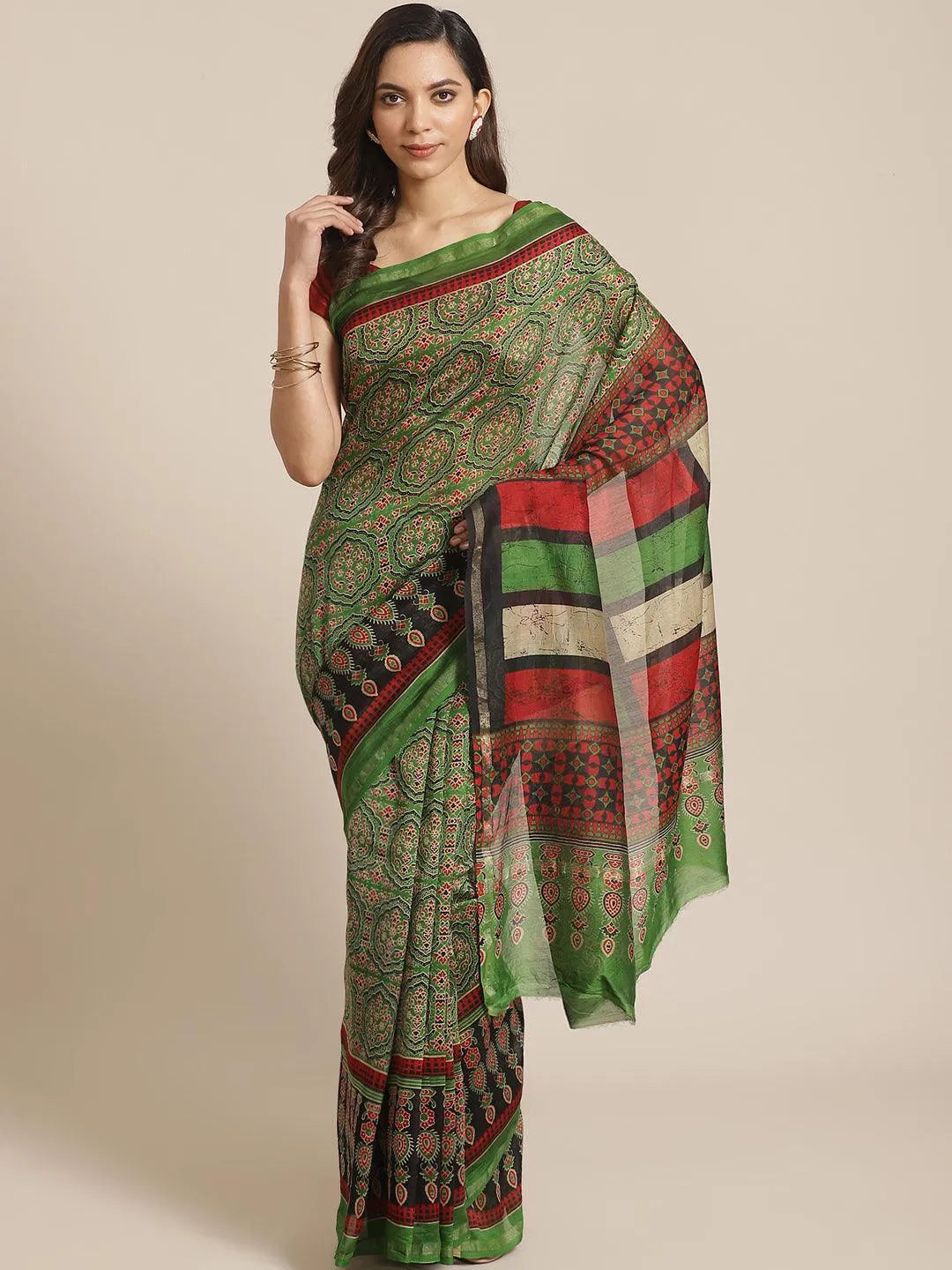 Green Printed Chanderi Silk Saree - Jashvi