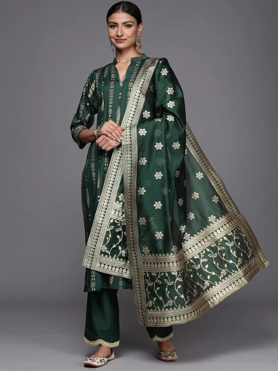 Green Printed Chanderi Silk Straight Suit Set - Jashvi