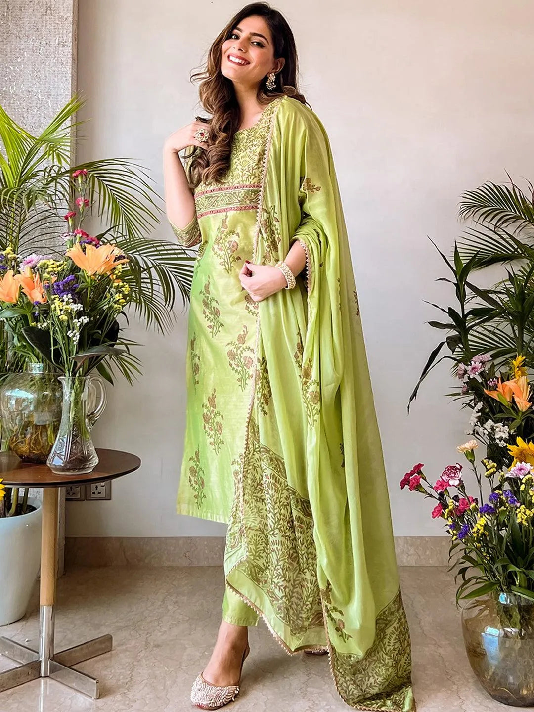 Green Printed Chanderi Silk Suit Set - Jashvi