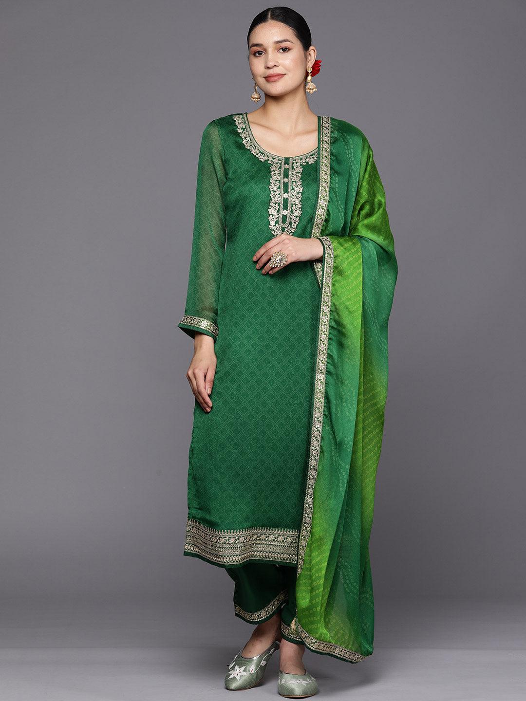 Green Printed Chiffon Straight Suit Set With Trousers - Jashvi