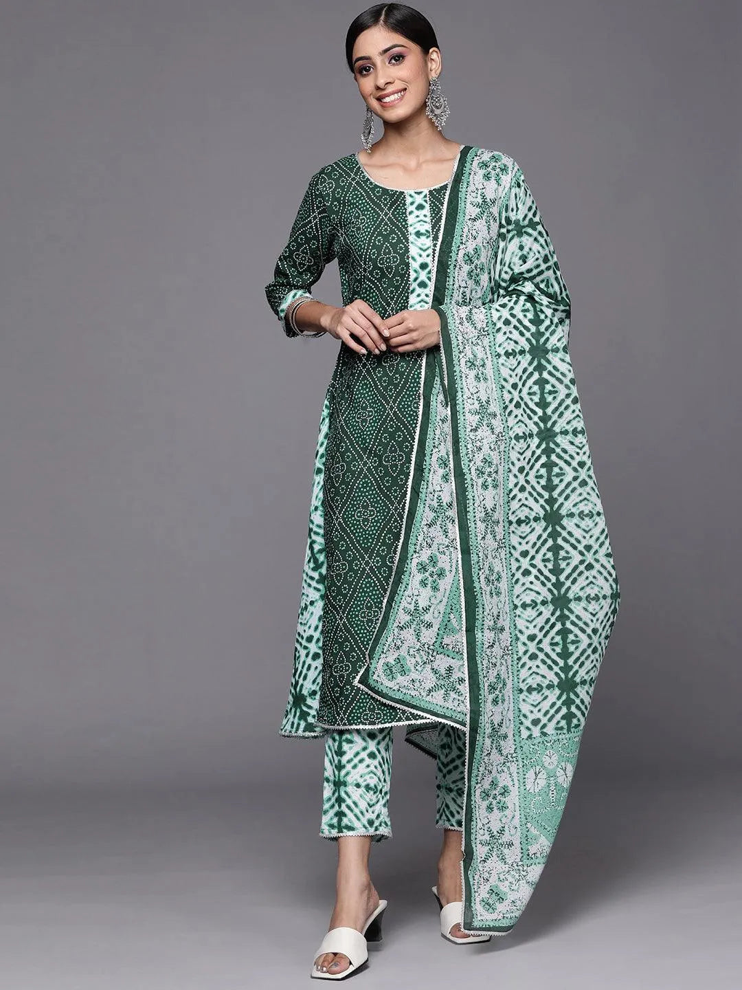 Green Printed Cotton A-Line Suit Set - Jashvi