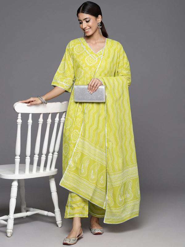 Green Printed Cotton A-Line Kurta With Trousers & Dupatta - Jashvi