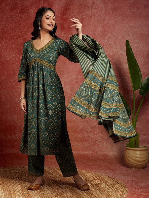 Green Printed Cotton A-Line Kurta With Trousers & Dupatta - Jashvi