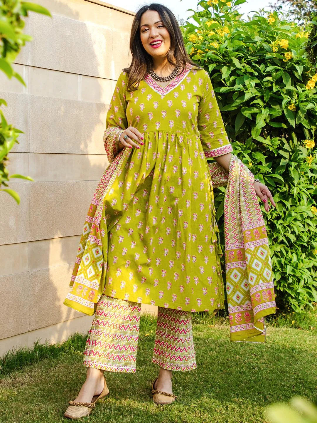 Green Printed Cotton A-Line Suit Set With Trousers - Jashvi