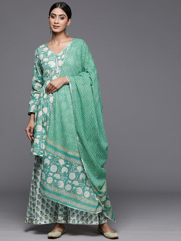 Green Printed Cotton A-Line Kurti With Sharara & Dupatta - Jashvi