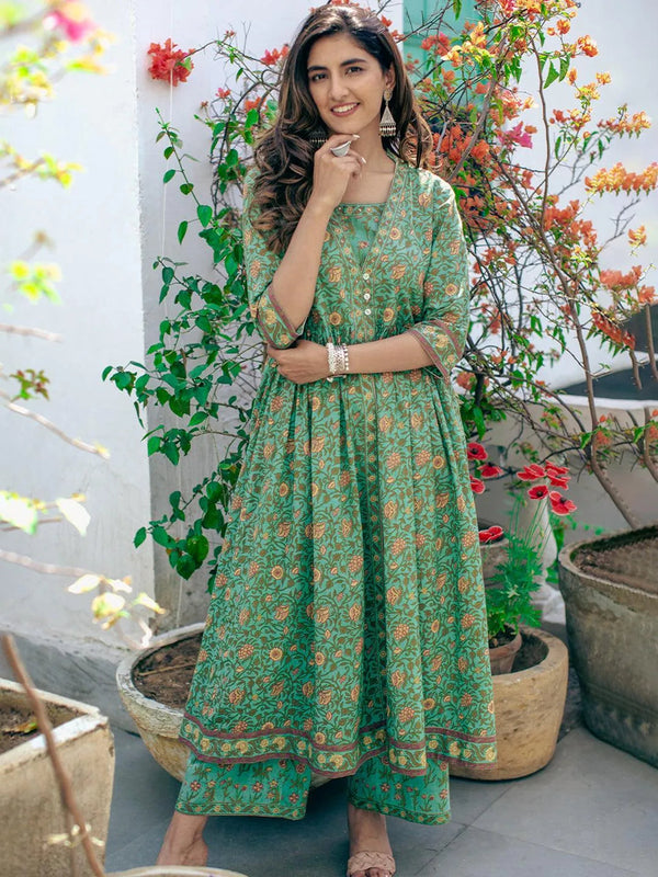 Green Printed Cotton Kurta Set - Jashvi