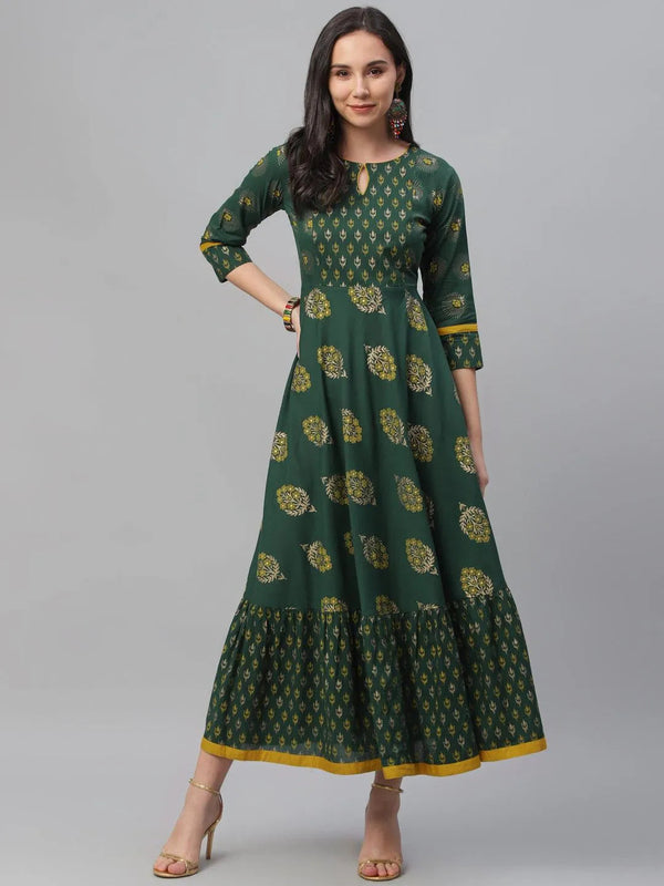 Green Printed Cotton Dress - Jashvi