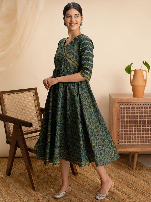 Green Printed Cotton Dress - Jashvi