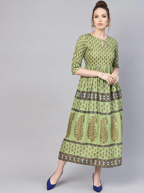 Green Printed Cotton Dress - Jashvi