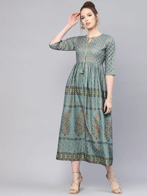 Green Printed Cotton Dress - Jashvi