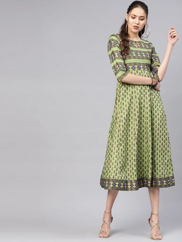 Green Printed Cotton Dress - Jashvi