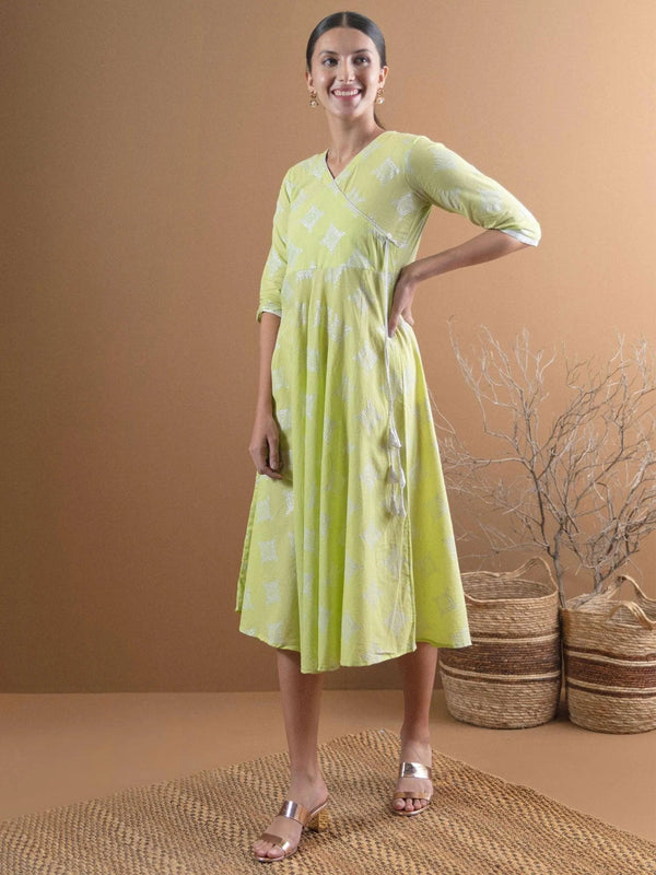 Green Printed Cotton Dress - Jashvi