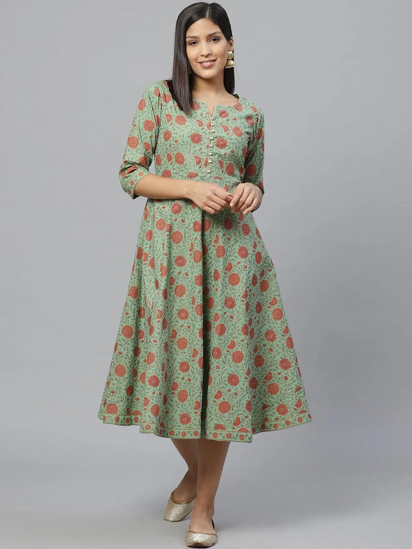 Green Printed Cotton Dress With Mask - Jashvi