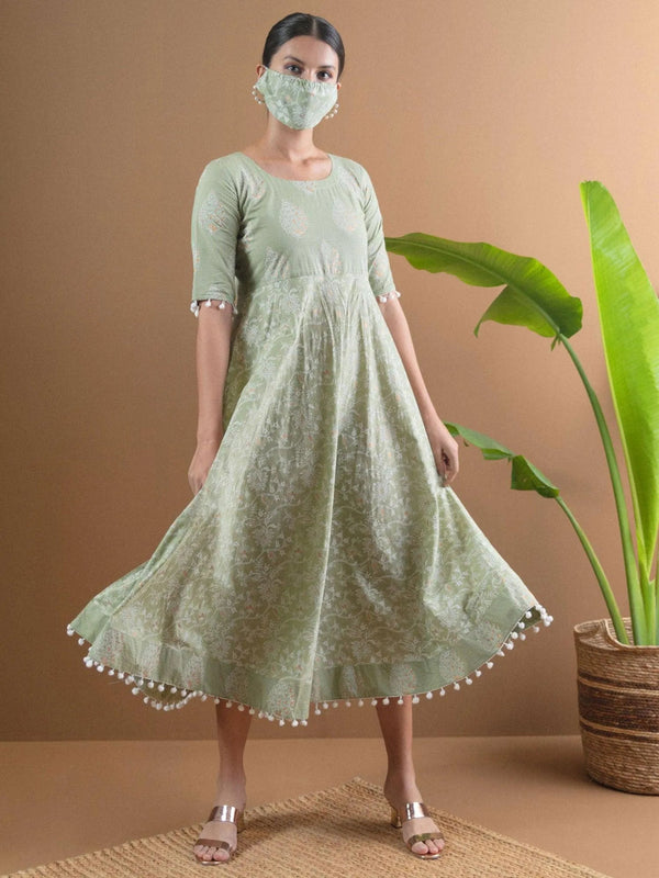 Green Printed Cotton Dress With Mask - Jashvi