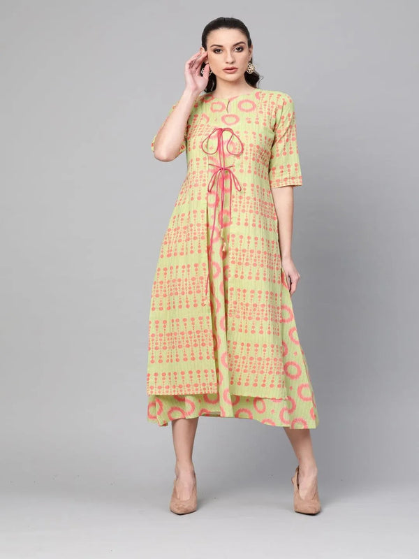 Green Printed Cotton Dress With Shrug - Jashvi