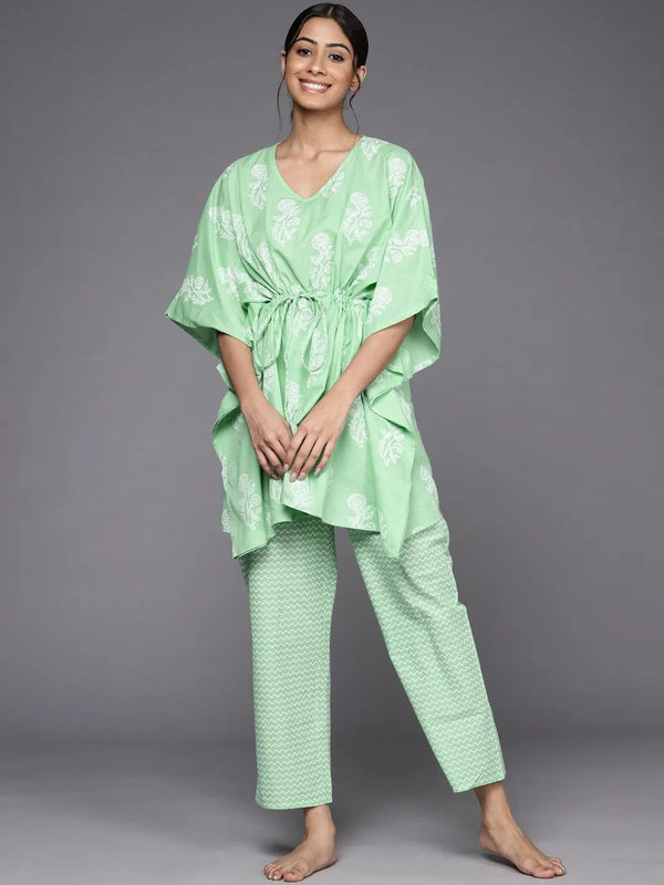 Green Printed Cotton Night Suit - Jashvi