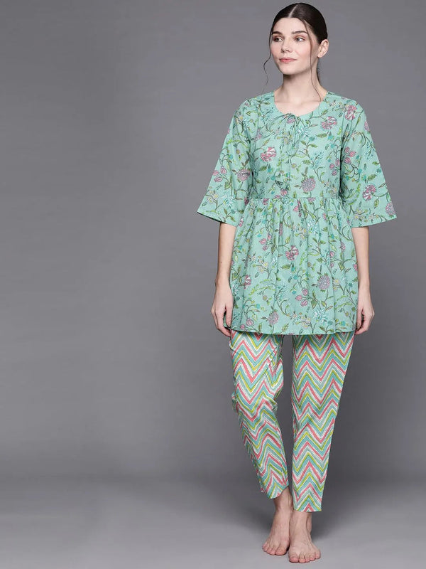 Green Printed Cotton Night Suit - Jashvi