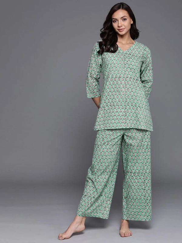 Green Printed Cotton Night Suit - Jashvi