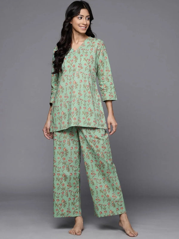 Green Printed Cotton Night Suit - Jashvi