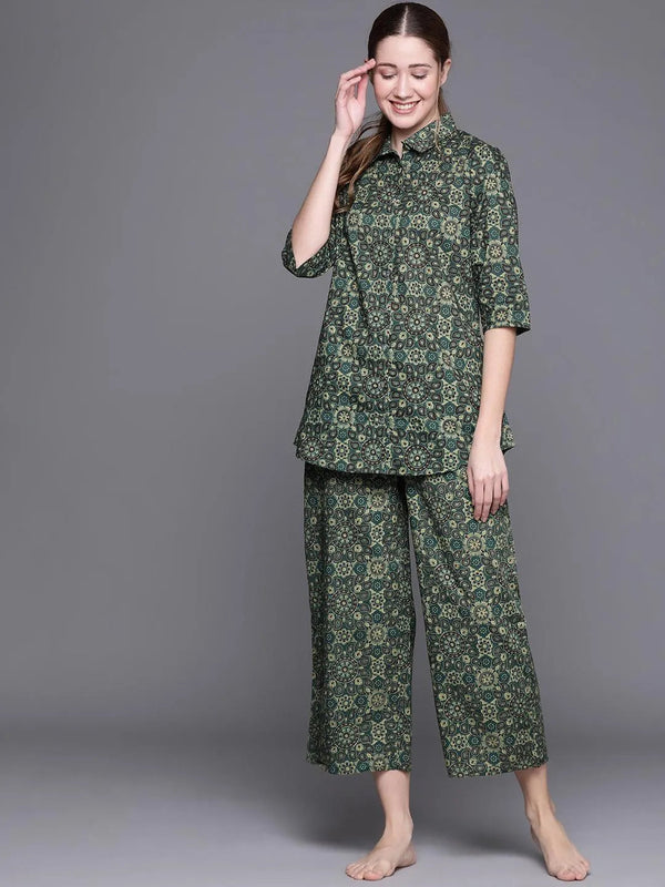 Green Printed Cotton Night Suit - Jashvi