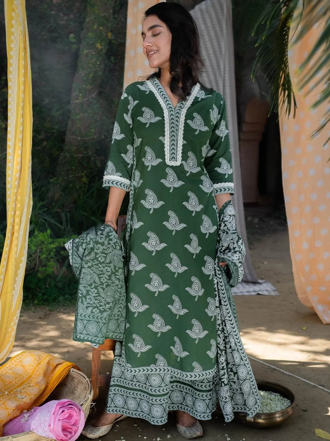 Green Printed Cotton Straight Suit Set - Jashvi