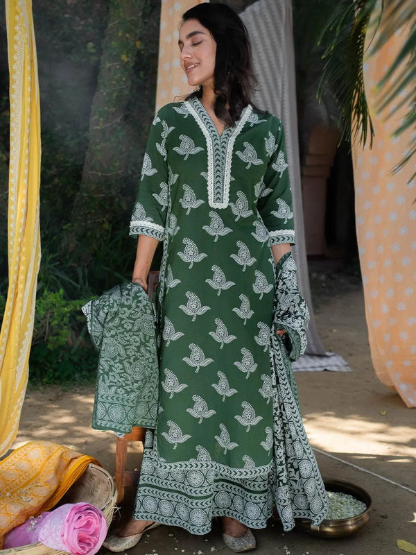 Green Printed Cotton Straight Suit Set - Jashvi