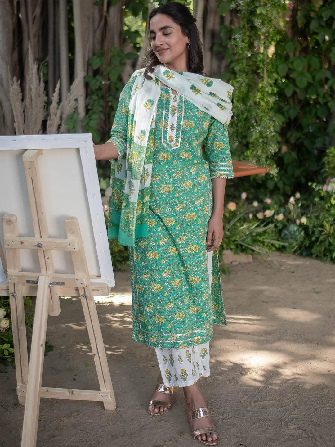 Green Printed Cotton Suit Set - Jashvi