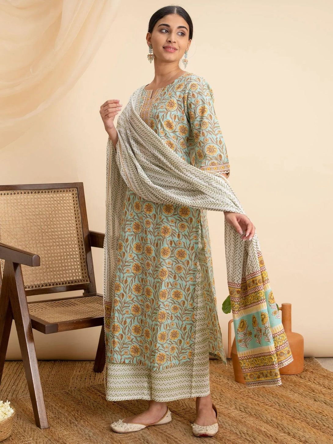 Green Printed Cotton Suit Set - Jashvi