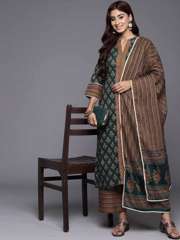 Green Printed Cotton Straight Kurta With Palazzos & Dupatta - Jashvi