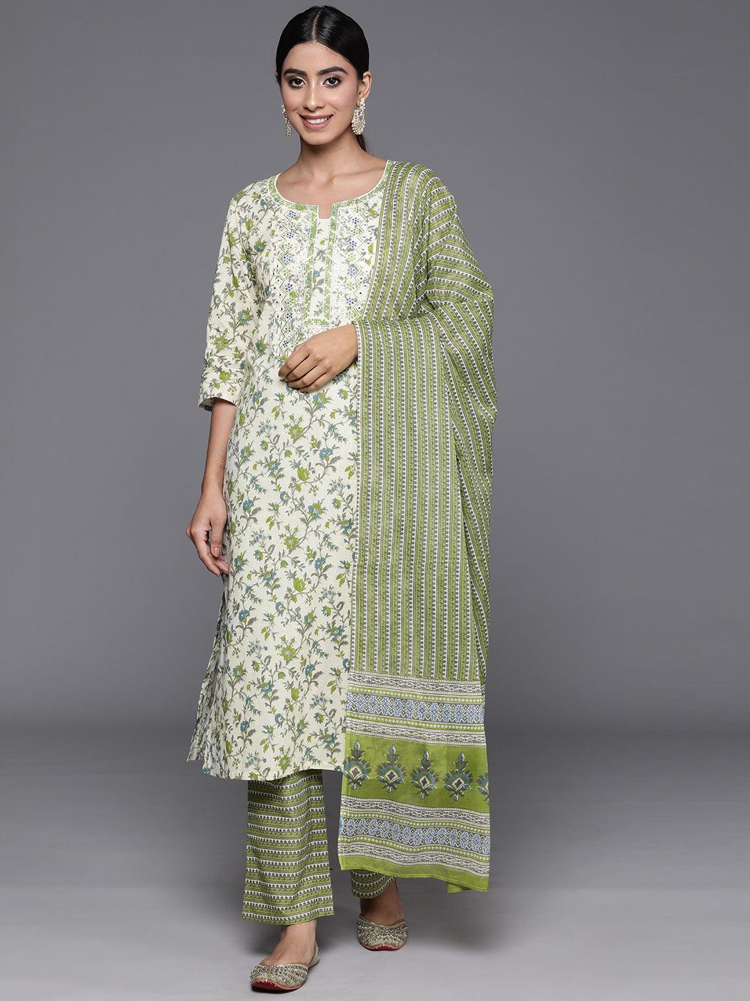 Green Printed Cotton Straight Kurta With Palazzos & Dupatta - Jashvi