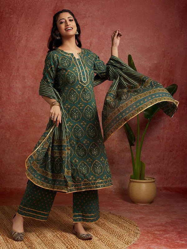 Green Printed Cotton Straight Kurta With Palazzos & Dupatta - Jashvi