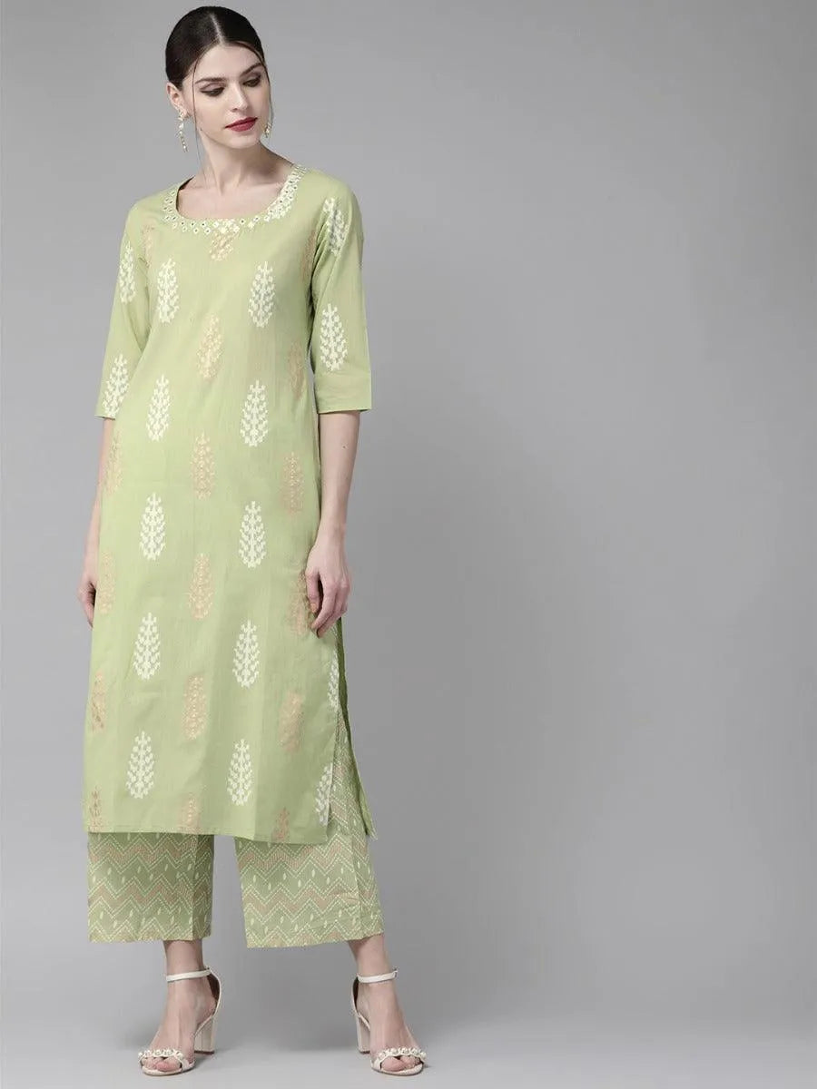 Pastel Green Printed Cotton Kurta Set - Jashvi