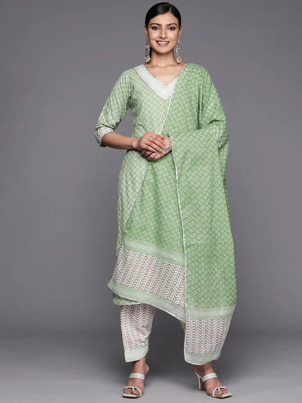 Green Printed Cotton Straight Suit Set With Salwar - Jashvi