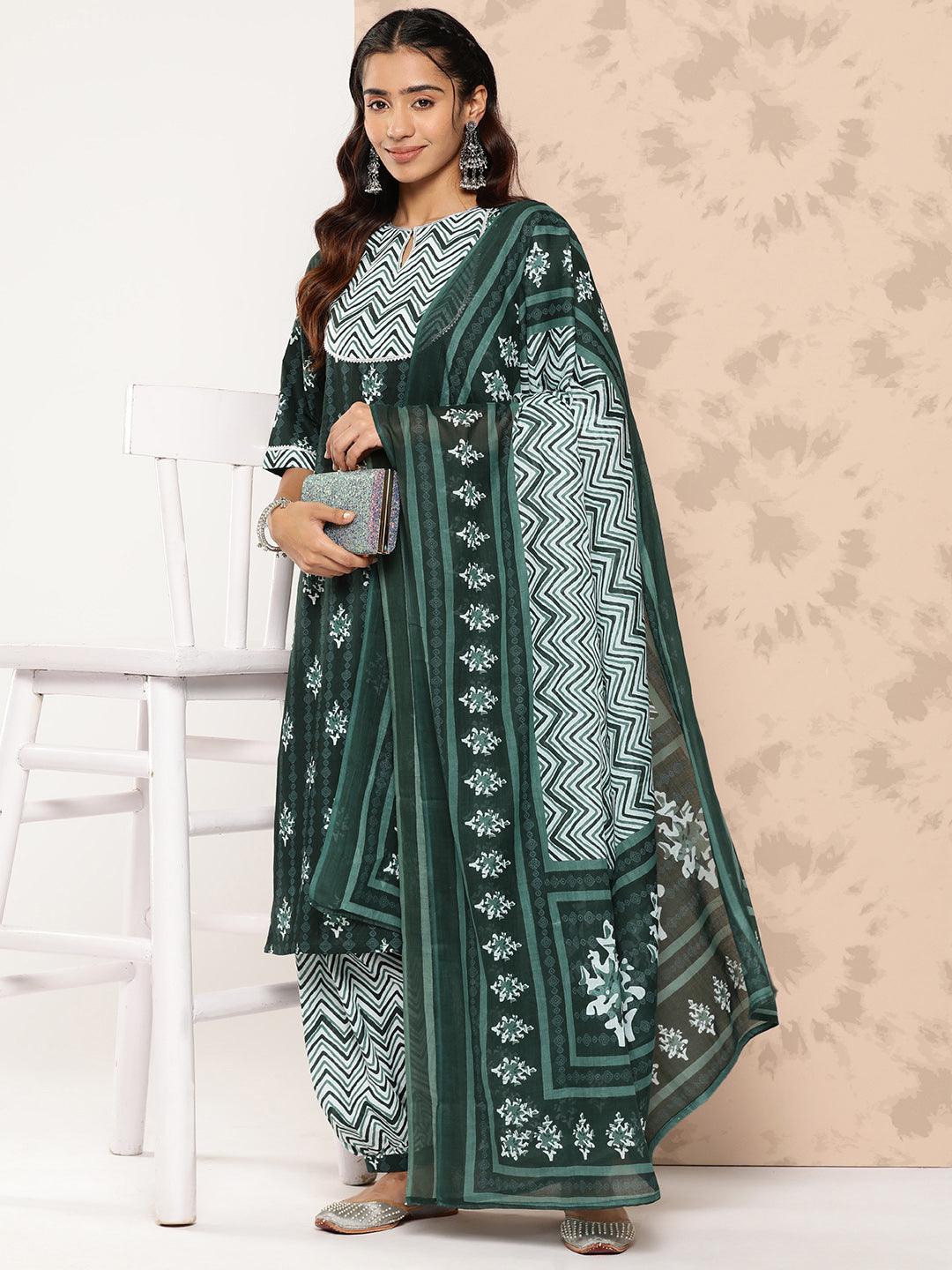 Green Printed Cotton Straight Kurta With Salwar & Dupatta - Jashvi