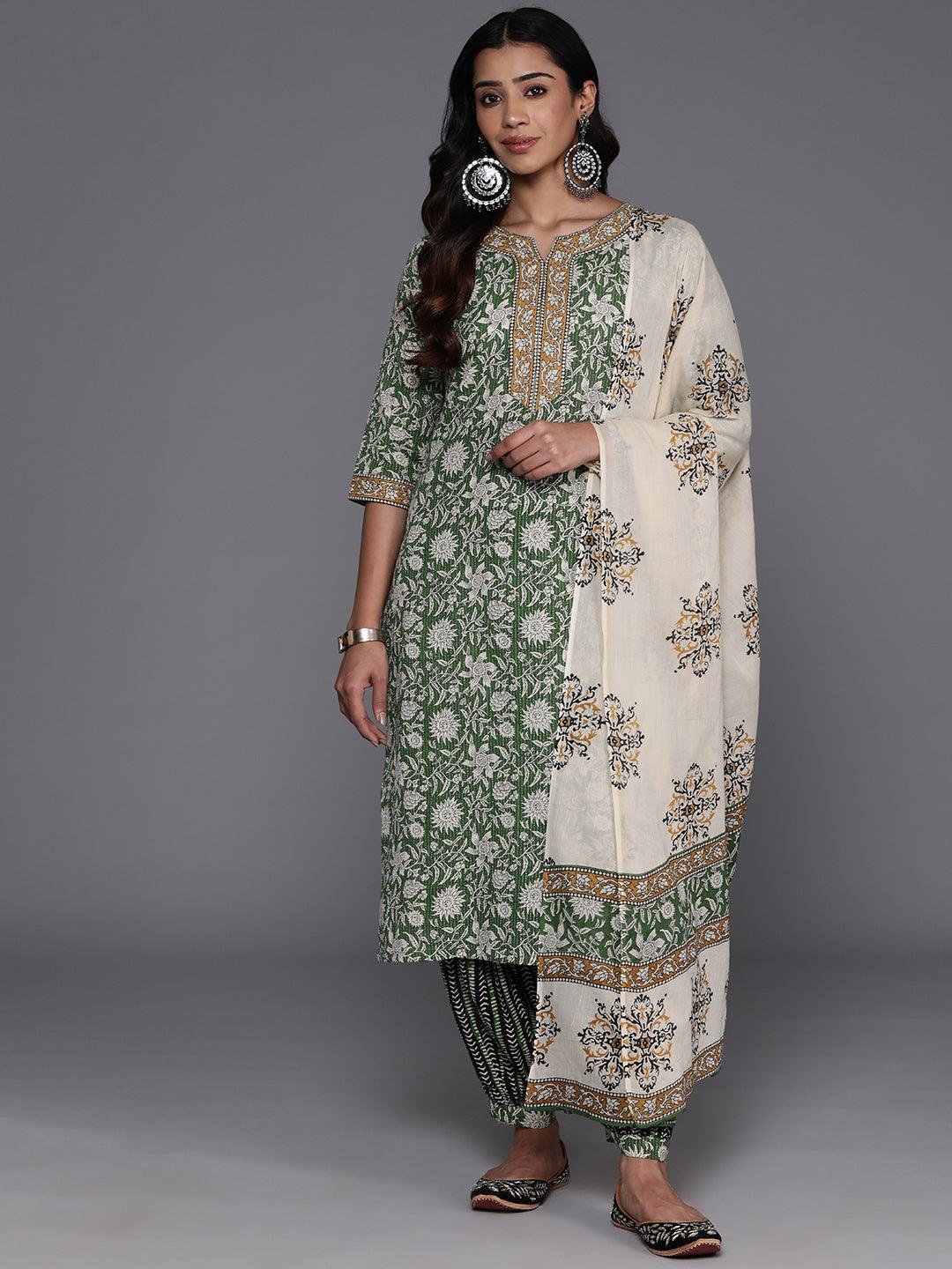 Green Printed Cotton Straight Kurta With Salwar & Dupatta - Jashvi