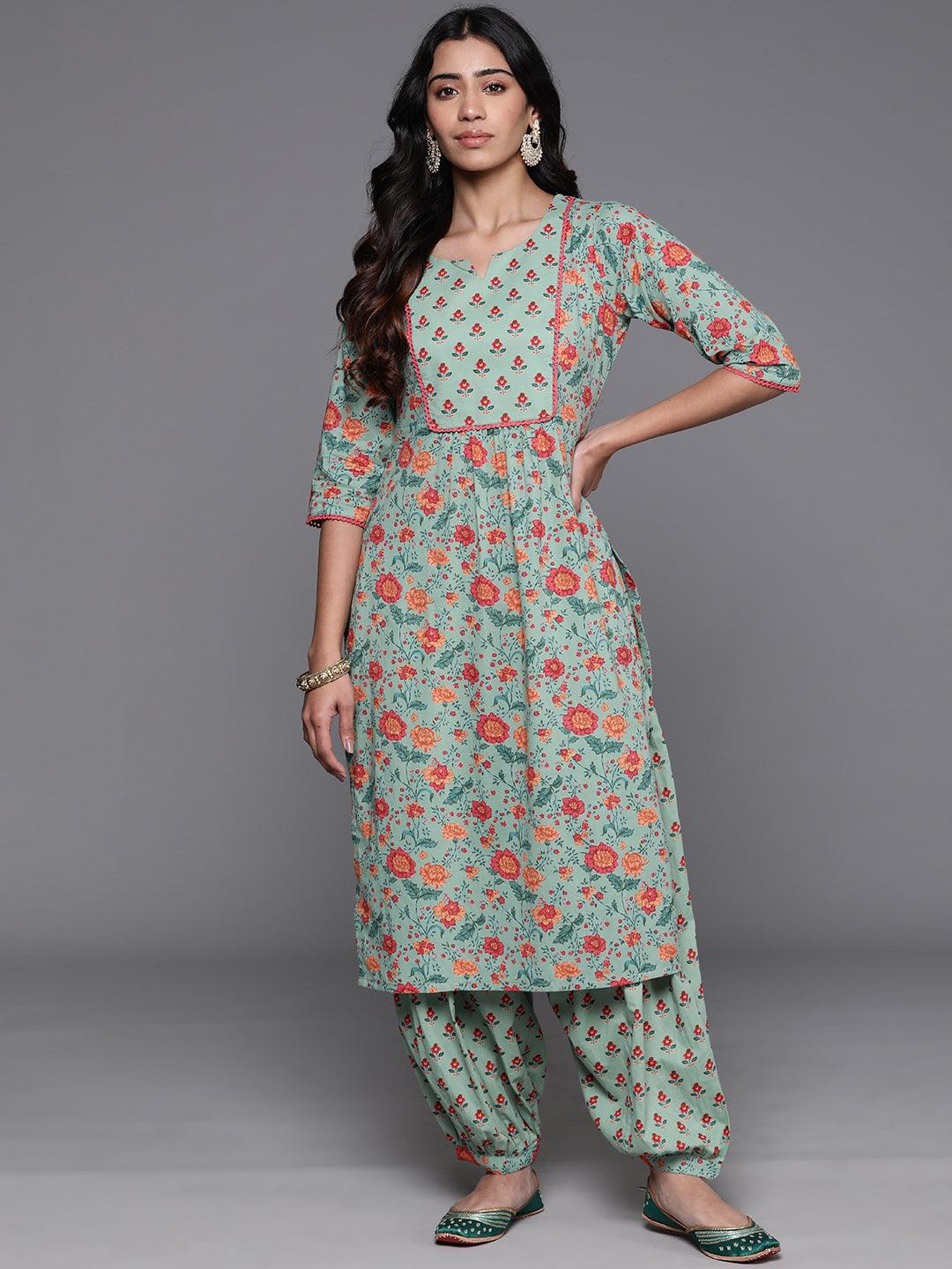 Green Printed Cotton Straight Kurta With Salwar - Jashvi