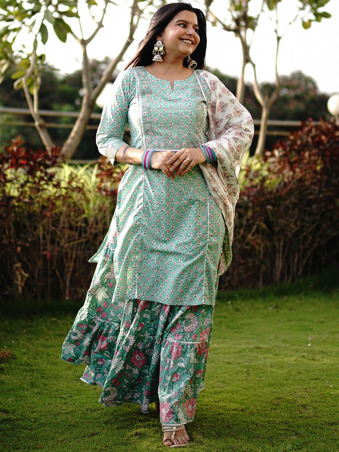 Green Printed Cotton Straight Kurta With Skirt & Dupatta - Jashvi