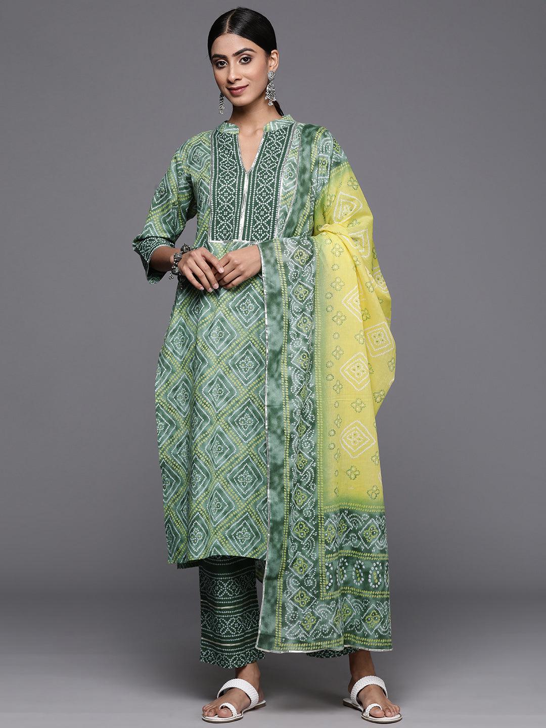 Green Printed Cotton Straight Kurta With Trousers & Dupatta - Jashvi