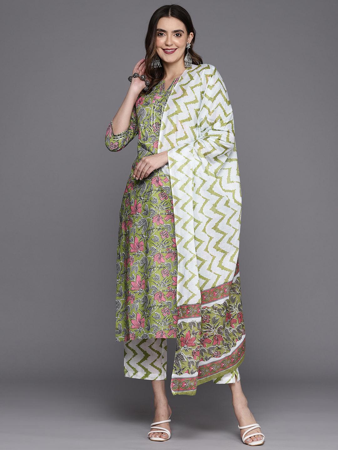 Green Printed Cotton Straight Kurta With Trousers & Dupatta - Jashvi