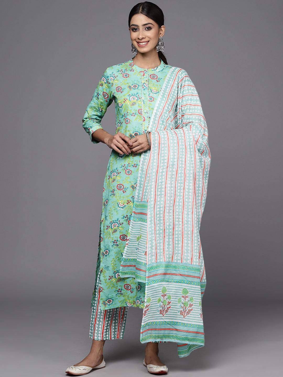 Green Printed Cotton Straight Kurta With Trousers & Dupatta - Jashvi