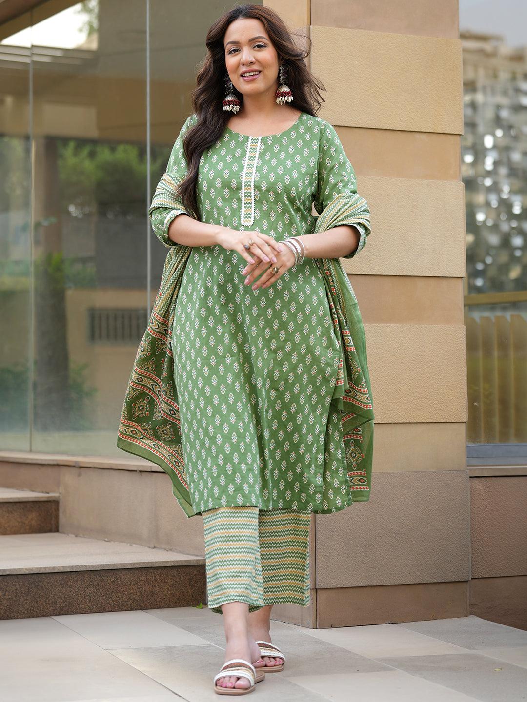 Green Printed Cotton Straight Kurta With Trousers & Dupatta - Jashvi