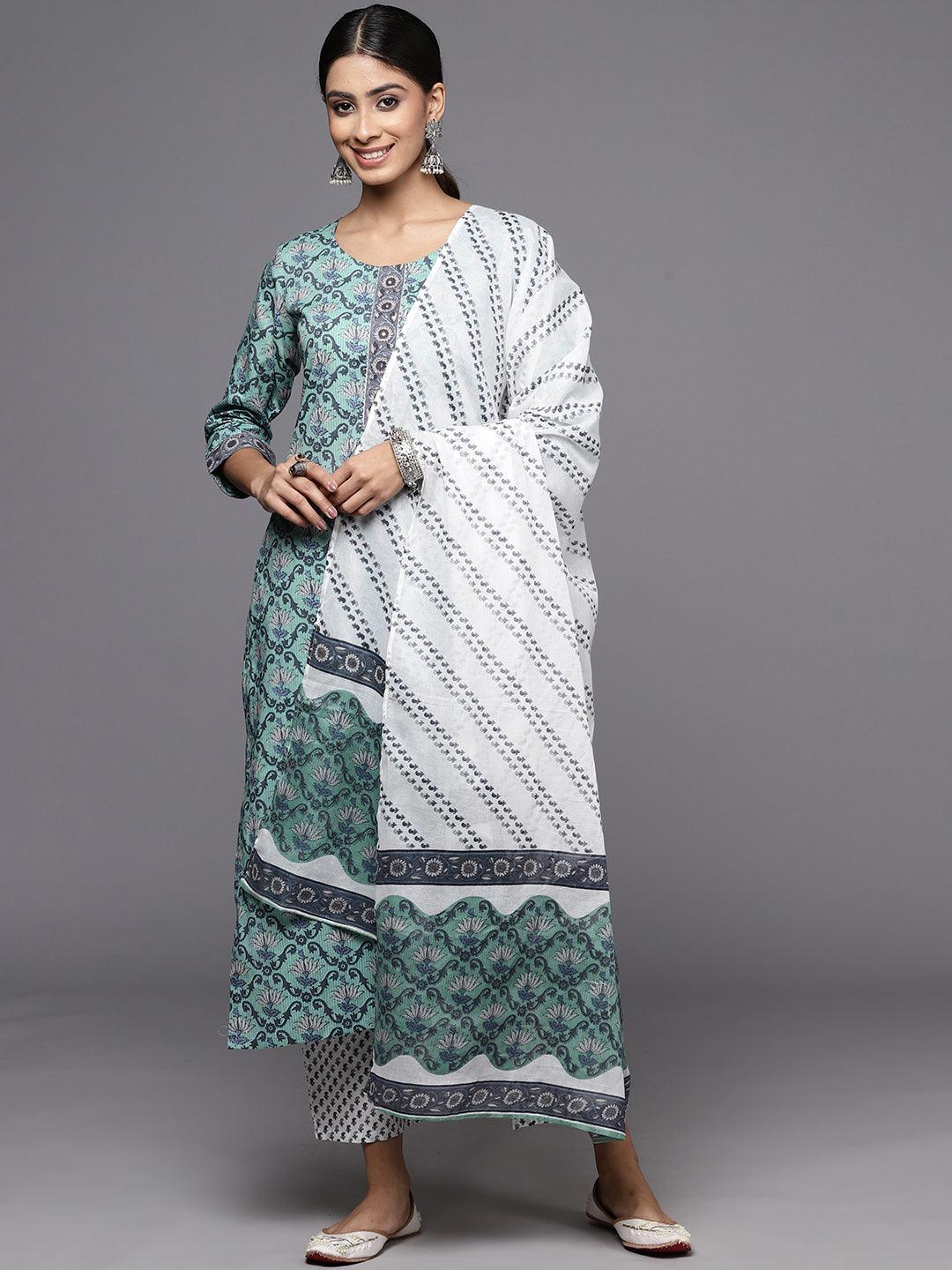 Green Printed Cotton Straight Kurta With Trousers & Dupatta - Jashvi