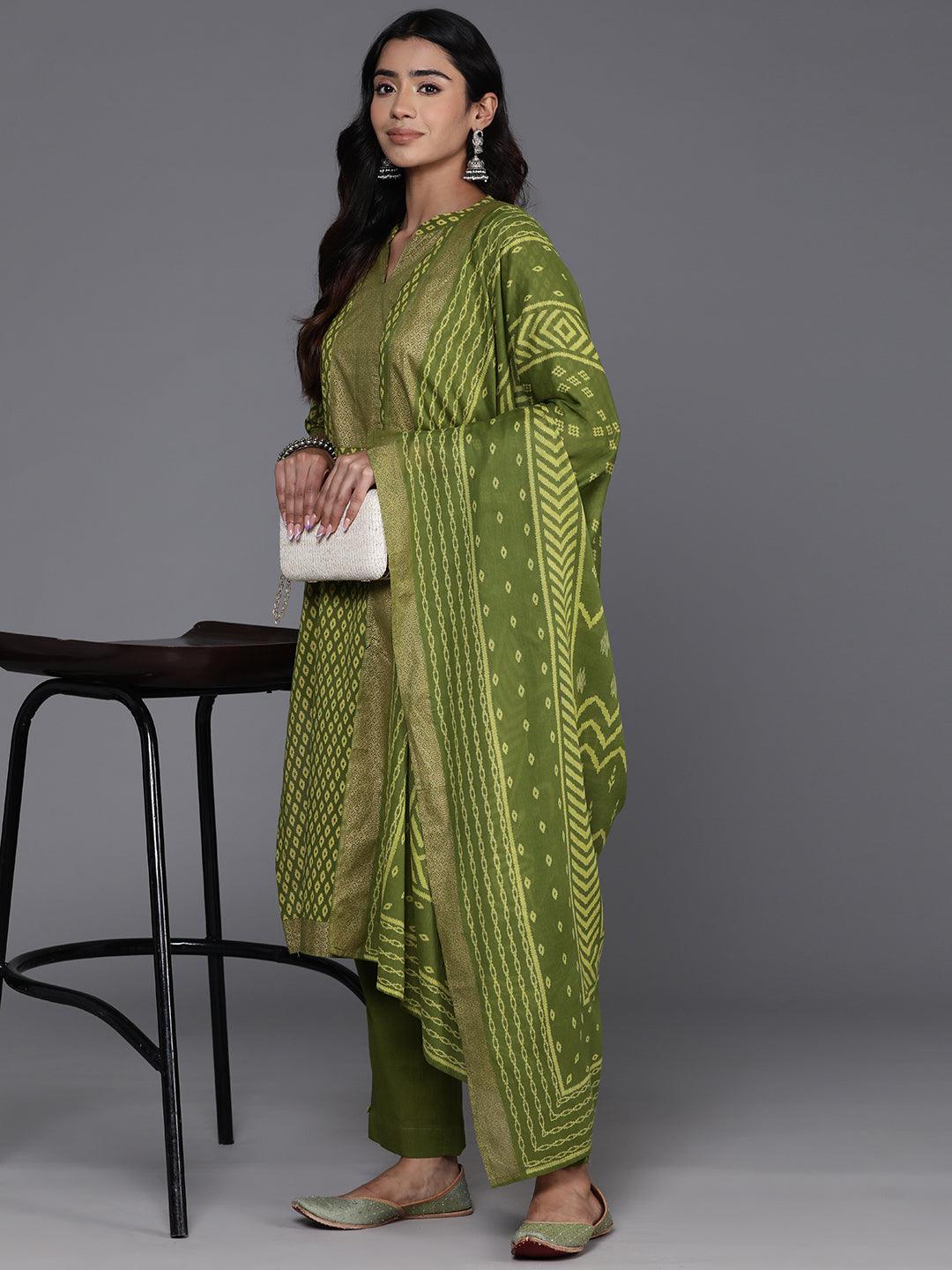 Green Printed Cotton Straight Kurta With Trousers & Dupatta - Jashvi