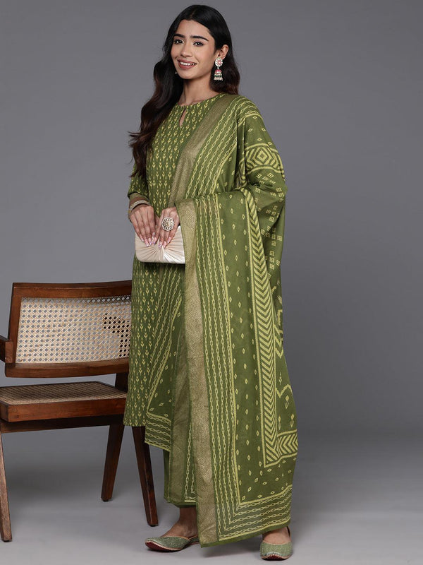 Green Printed Cotton Straight Kurta With Trousers & Dupatta - Jashvi