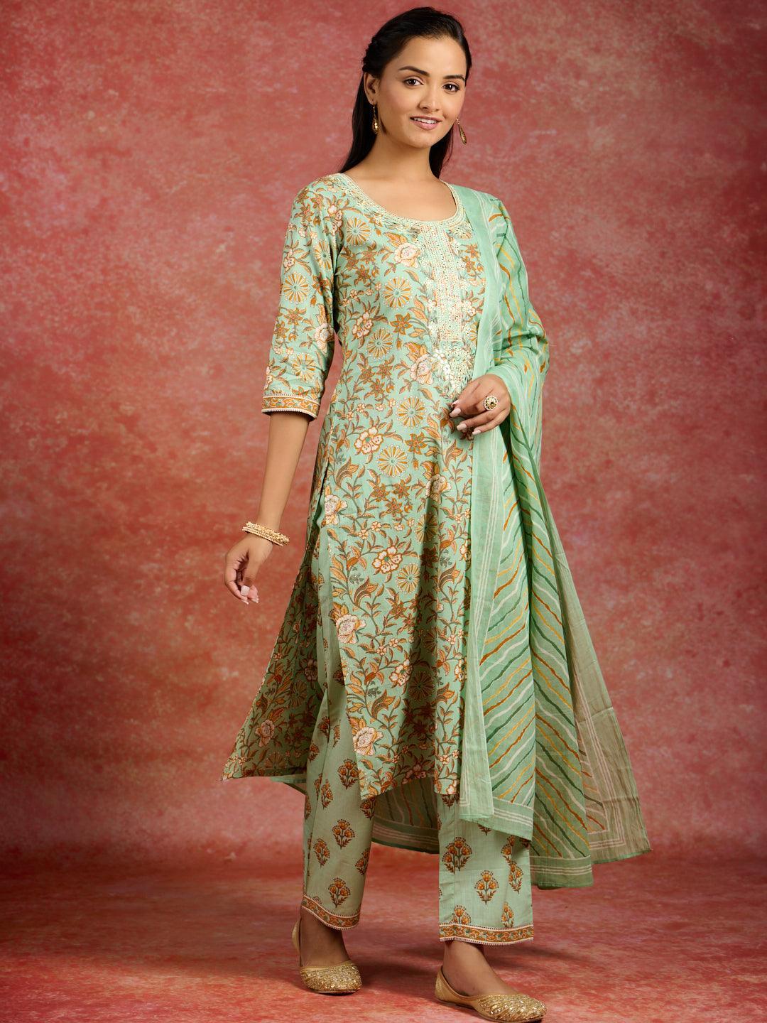 Green Printed Cotton Straight Kurta With Trousers & Dupatta - Jashvi