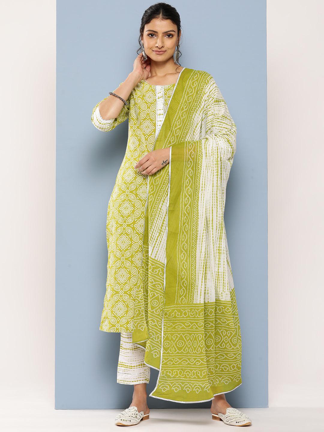 Green Printed Cotton Straight Suit Set With Trousers - Jashvi